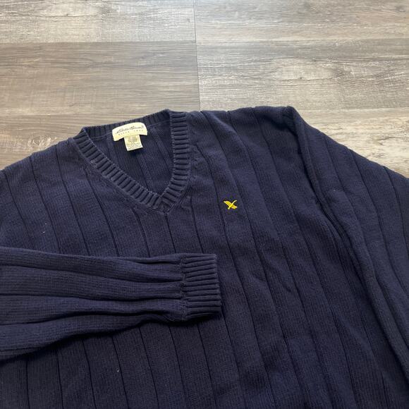Vintage Y2K Eddie Bauer Blue Men L Chunky Cable Knit Cotton VNeck Tennis Sweater - Picture 1 of 7